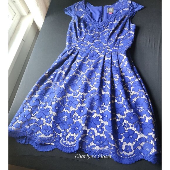 Vince Camuto Timeless Pleated Royal Blue Lace Sheath Cap Sleeve Cocktail Dress S - Picture 11 of 13